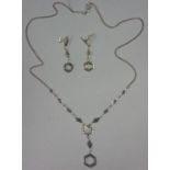 Art Deco style silver marcasite pendant necklace and matching pair of drop earrings (3)