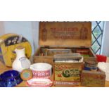 A collection of vintage adverting tins and packaging including Pal Toffee, Blue Bird Toffee,