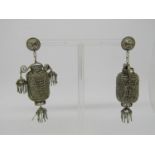 Pair of white metal filigree drop earrings in the form of Chinese lanterns, the studs with screw
