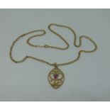 9ct Art Nouveau style pendant hung on a 9ct curb link necklace, 5.4g