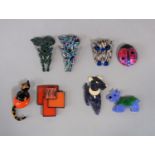 Collection of Lea Stein novelty celluloid brooches comprising two foxes, two dogs, a ladybird and an