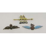 15ct military brooch for The Queen's Regiment, 6g (af) and two further white metal sweetheart