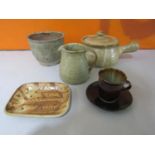 Probably by Michael Leach for Yelland Pottery - Collection of studio pottery to include plant pot,