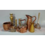 A box of miscellaneous metal wares including an oval copper kettle, a copper ewer with loop