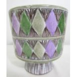 Scandinavian studio pottery faience glazed pedestal bowl, with geometric harlequin decoration,