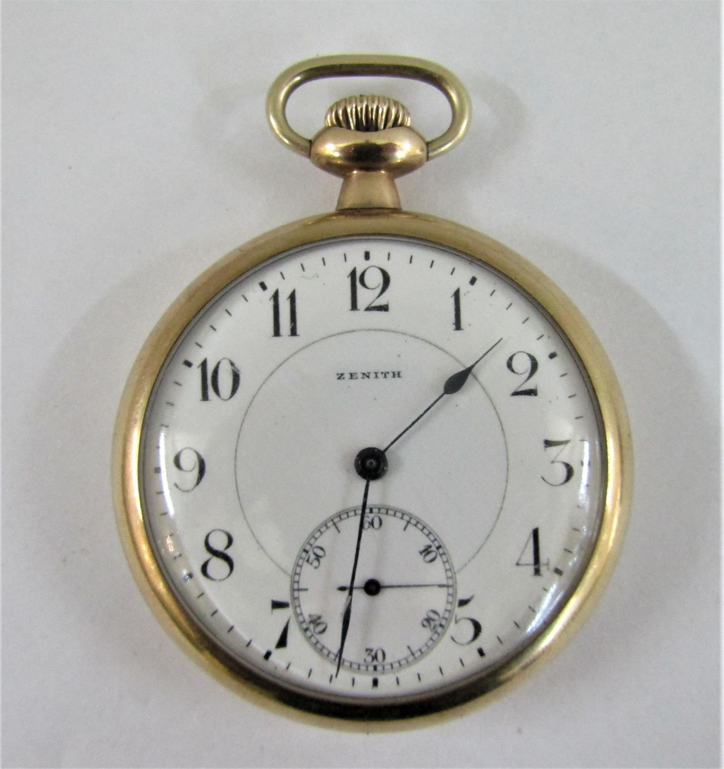 Vintage gold plated Zenith 17 jewel pocket watch, the enamel dial with Arabic numerals and