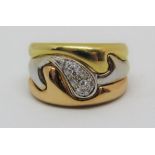 18ct tri-colour diamond set ring, size M, 6.9g