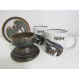 Pair of Royal Copenhagen 1984 calendar mugs with inset inscribed silver tablets to the base,