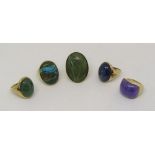 Five gold dress rings set with various hardstones; one 14k example set with lavender jade and four