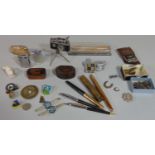 Collection of silver and other fobs, enamel badges, lighters, etc
