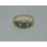 9ct turquoise and pearl ring, size O/P, 1.6g