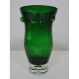 Interesting Scandinavian green glass baluster vase with flared rim and beaded roundels, 23cm high