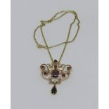 Antique style 9ct garnet and pearl drop pendant / brooch, hung on a 9ct chain necklace, 8.9g