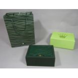 Rolex box and papers to include a green leather box with internal watch holder and suede cloth,