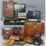 A collection of leather boxes, bookends, purses, etc, together with a quantity of painting