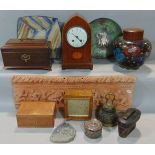 A miscellaneous collection including an Edwardian mahogany lancet mantel clock (quartz movement) and