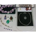 Collection of vintage and later silver costume jewellery to include a malachite pendant, stylised