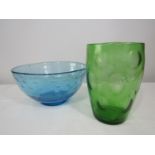 A good quality bubbled blue glass pedestal fruit bowl, 26cm diameter, together with a further