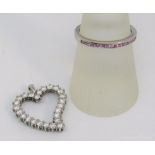 Diamond set openwork heart shaped pendant and a pink gemstone half eternity ring, size Q; both