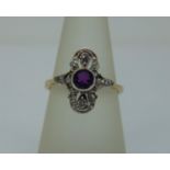 Art Deco style 9ct amethyst and diamond ring, size O/P, 2.8g