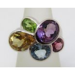 18ct white gold multi gem set ring, set with amethyst, citrine, quartz, tourmaline and peridot,