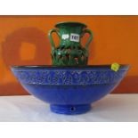 Continental Studio Pottery pedestal bowl with incised fan decoration to the border and blue glaze,