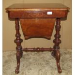 A Victorian walnut veneered sewing table with inlaid floral detail, the rectangular hinged lid