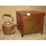 An arts and crafts style sewing/workbox of square cut form, copper clad, with hammered finish,