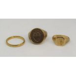 Three gold rings; two signets and one wedding, 16.9g total (smaller signet 18ct, the other two
