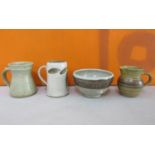 David Frith studio pottery tankard together with a further Syl Mario studio pottery tankard,