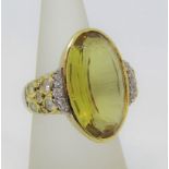 Yellow beryl and diamond cocktail ring, unmarked, tests as platinum and 18ct yellow gold, size M,