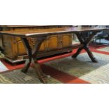 A good quality reproduction Old English style oak refectory table with thick rectangular top, raised