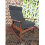 1970s teak Danish style rocking chair, with stuff-over back and drop in seat, 90cm high x 62cm wide