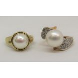 18ct cultured pearl crossover ring pave set with diamonds, 7.3g and a further 9ct cultured pearl