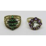 Two 9ct gem set dress rings to include a diamond and chrysoprase example, both size P, 10.5g