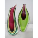 A good quality Scandinavian heavy glass tear drop vase, with a red and green interior, 22cm high,