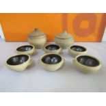Leach style St Ives studio pottery brown glazed cookware comprising six soup bowls and two lidded