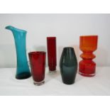 Whitefriars - Four coloured glass vases and a jug of various designs, the jug 35cm high (5)