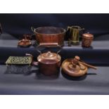 A Georgian copper kettle of oval form, an oval copper tub, a pair of arts and crafts copper
