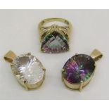 9ct mystic topaz ring with matched pendant and further similar topaz pendant, 22.8g total (3)