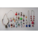 Collection of silver multi gem set pendants and necklaces, to include druzy quartz, baroque pearl,