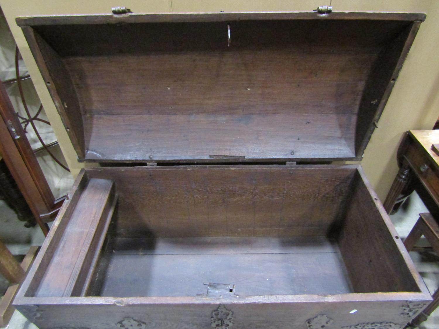 An 18th century oak domed top trunk/coffer with exposed strap work hinges, lasps and fittings and - Image 2 of 4