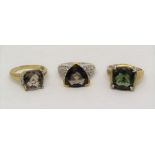 Three 9ct faceted quartz dress rings set with diamonds, 13.6g total (3)