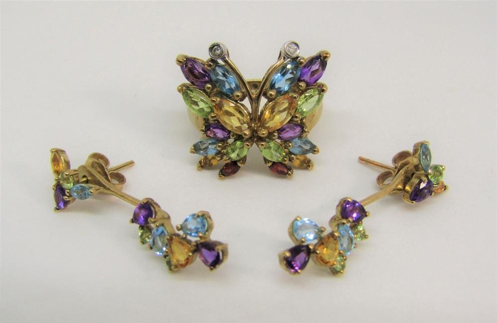 9ct multi gem set butterfly ring, size O and a pair of similar earrings (3)