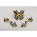 9ct multi gem set butterfly ring, size O and a pair of similar earrings (3)