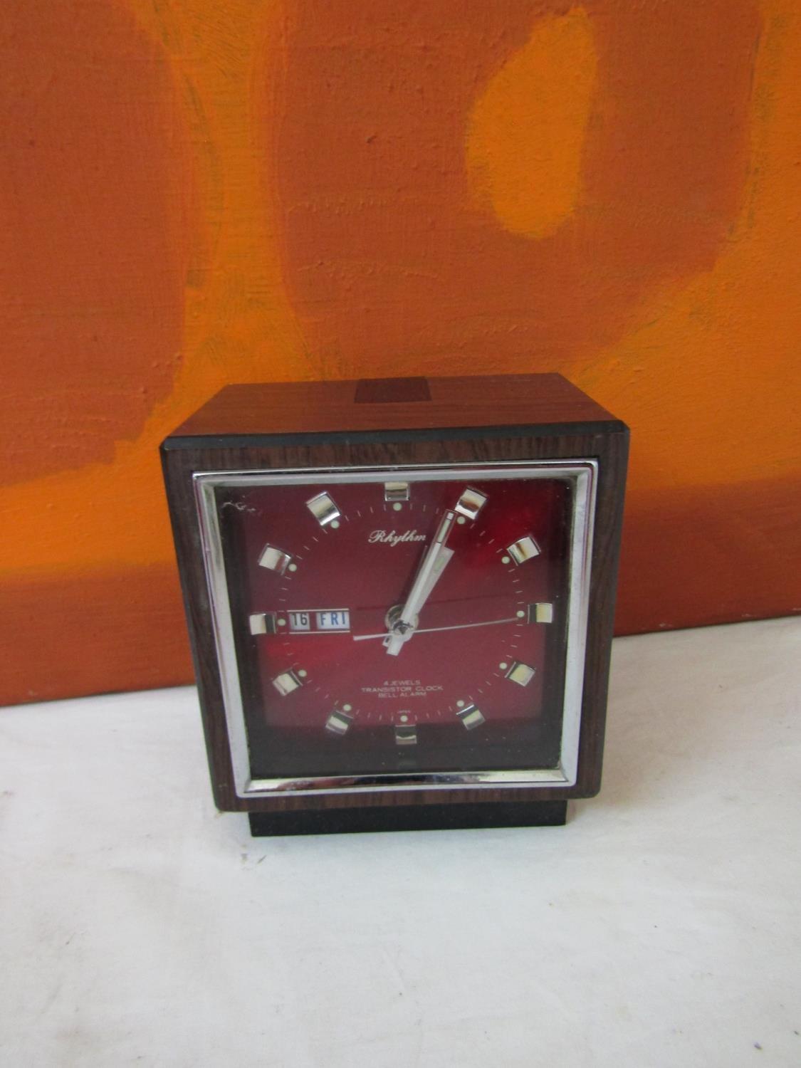 A collection of retro alarm clocks to include a Rhythm four jewel transition bell clock with day - Image 3 of 5