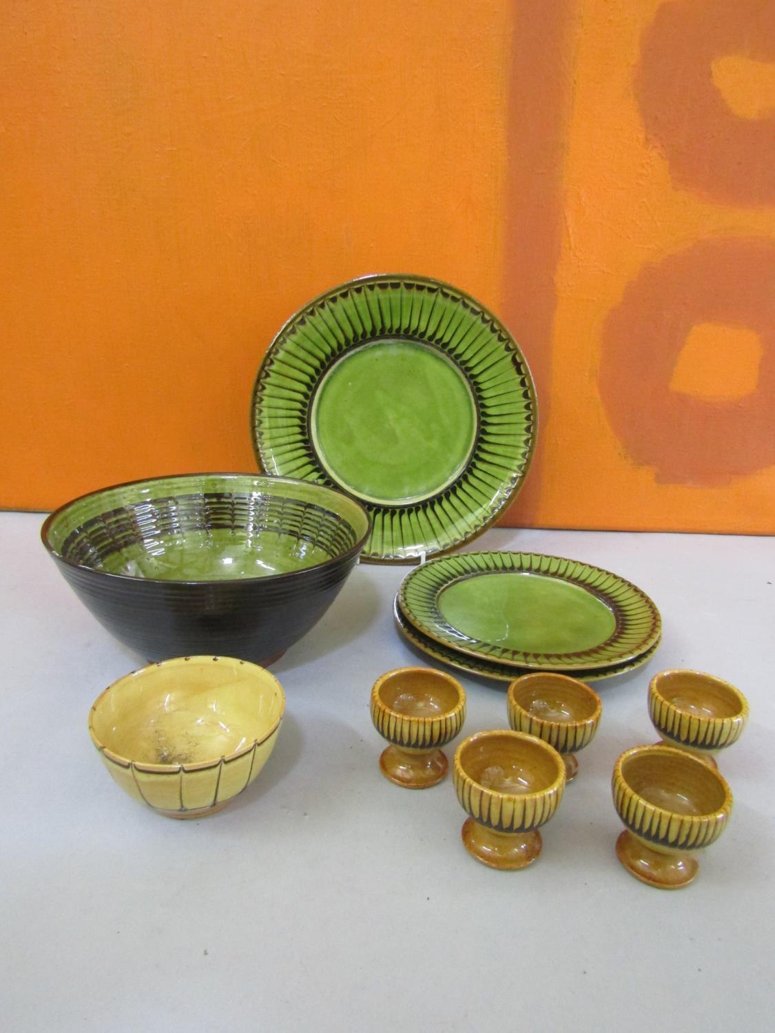 Collection of Coldstone pottery comprising three plates, five egg cups and a dish all with similar - Image 2 of 2