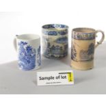 A collection of mainly 19th century blue and white printed wares including an early 19th century jug