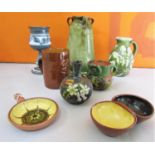 A collection of Devon Pottery to include Baron of Barnstaple olive glaze three handled vase,
