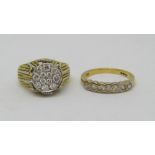 18ct half hoop diamond ring, size J and a further fancy diamond cluster ring, unmarked, tests as